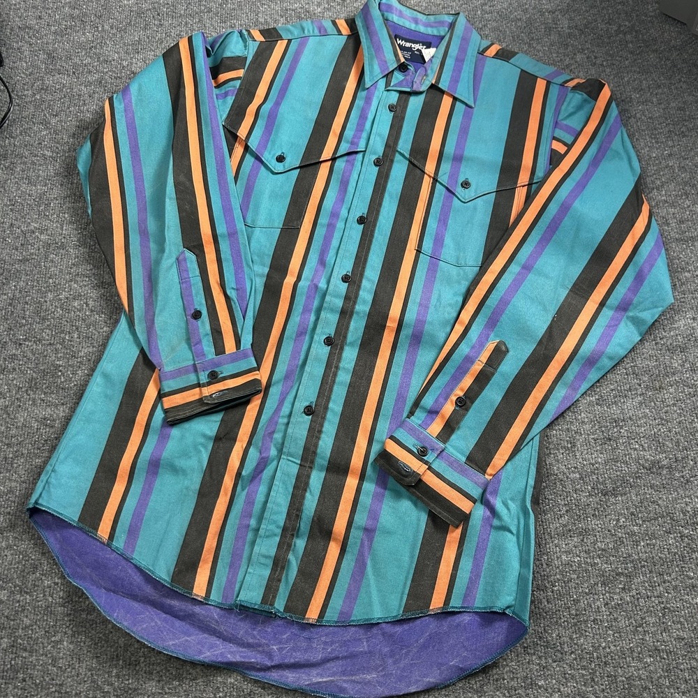 Vintage Wrangler Brush popper Shirt Mens Medium Multicolor Stripe Western